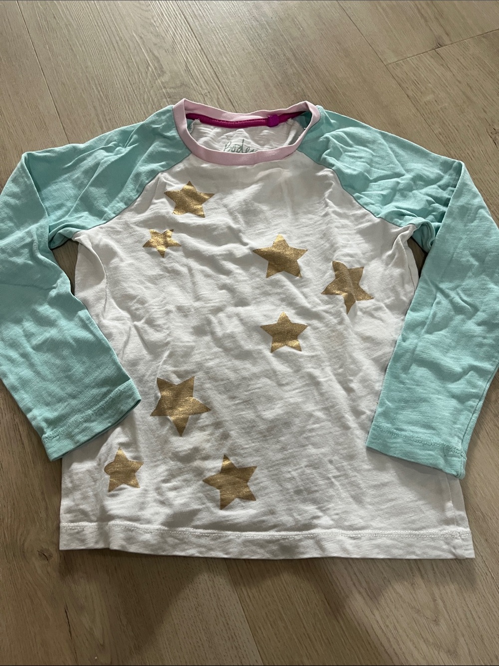 Mini Boden White Tee with Mint Raglan Sleeves and Gold Stars